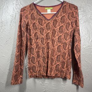 Sigrid Olsen Top Orange Paisley V Neck Neck‎ Long Sleeve Size Small
